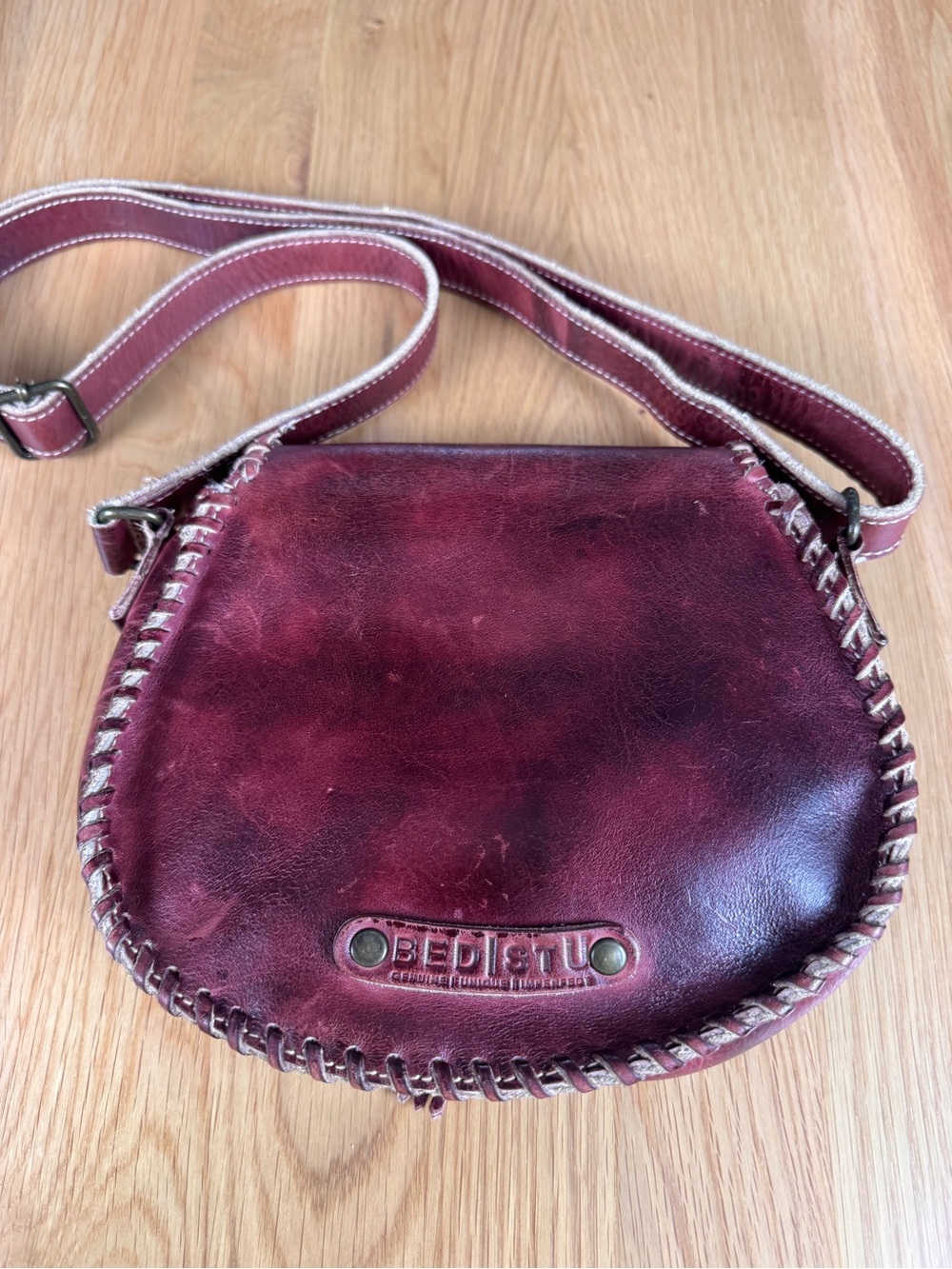 BED|STU Burgundy Whipstitch Leather Crossbody with Tassel Halfmoon - Picture 5 of 9